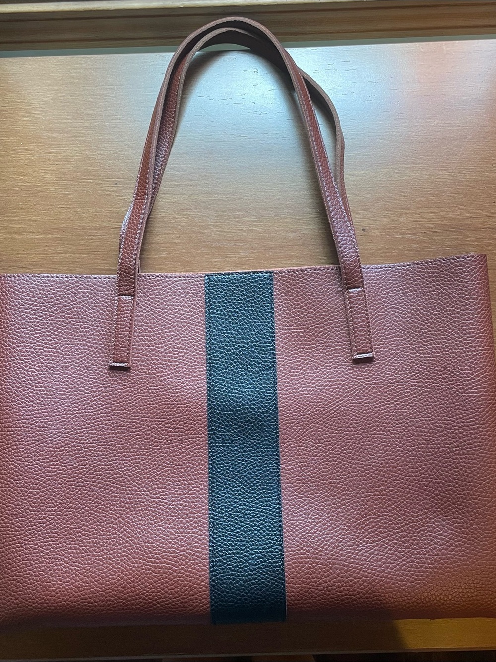 VINCE CAMUTO Luck Brown w/ Black Stripe Vegan Leather Tote Bag